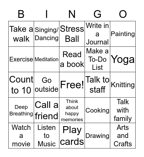 Stress Management Bingo Card