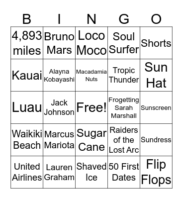 Bridal Bingo - Hawaii Edition Bingo Card