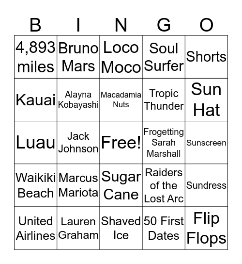 Bridal Bingo - Hawaii Edition Bingo Card