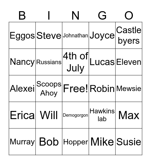 Stranger Things Bingo Card