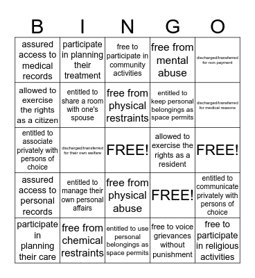 Residents' Rights Bingo Card