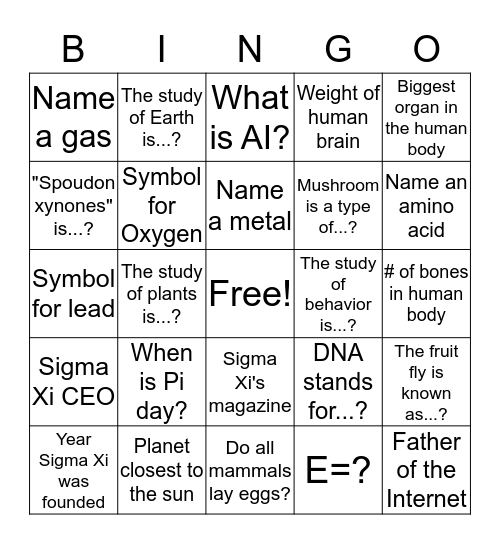 Sigma Xi Bingo Card