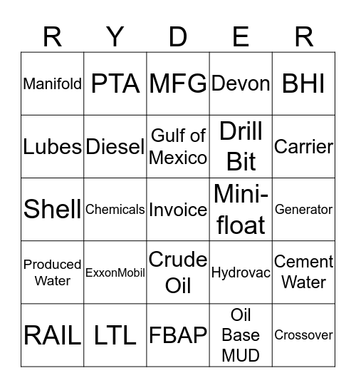 Ryder Holiday Party Bingo Card
