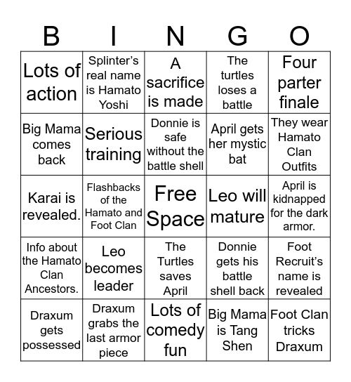 Rise Of The TMNT Season 1 Finale Bingo Card