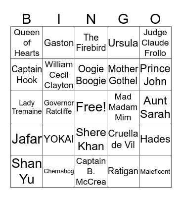 Disney Villians Bingo Card