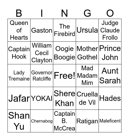 Disney Villians Bingo Card