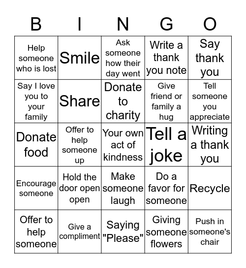Kindness Bingo  Bingo Card