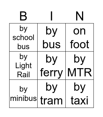 Transportation Bingo Card