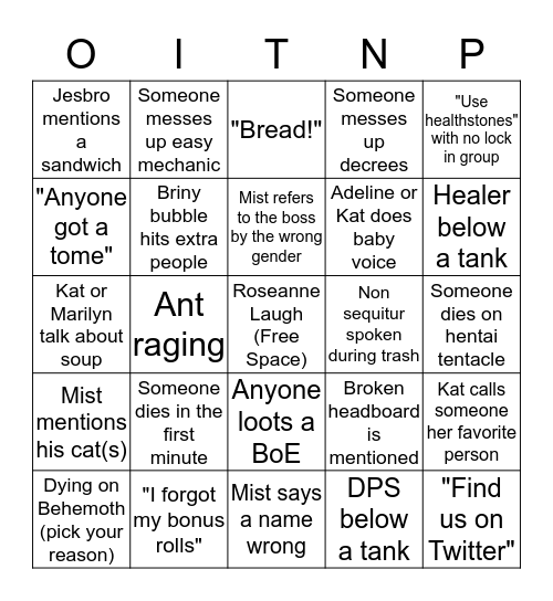 Raid Bingo Card