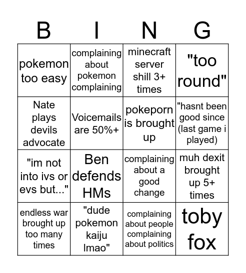 pcpokemon Bingo Card