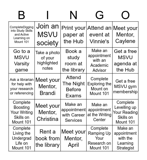 Mount Bingo Card