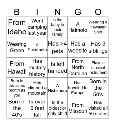Family Reunion Bingo Card