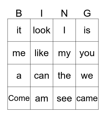 Sight words Bingo Card