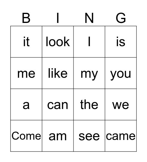 Sight words Bingo Card