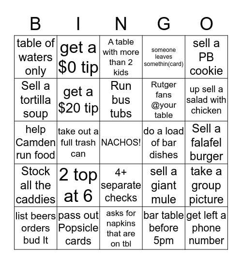 Pint House Server Bingo Card