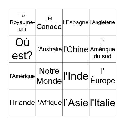 Notre Monde Bingo Card