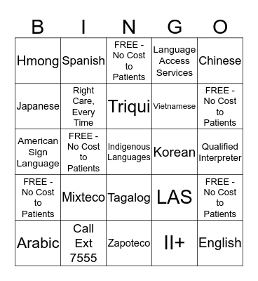 Language Access Services Bingo Card