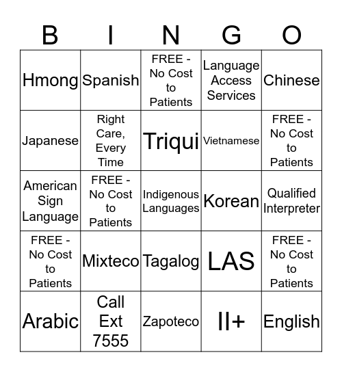 Language Access Services Bingo Card
