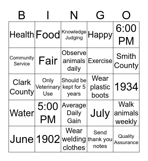 4H Bingo Card