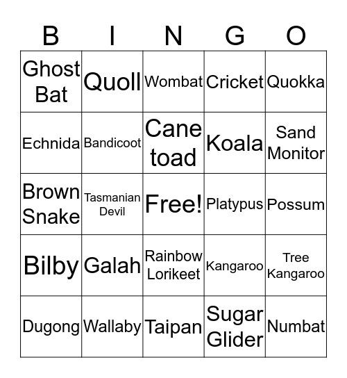 Australian Bingo Card