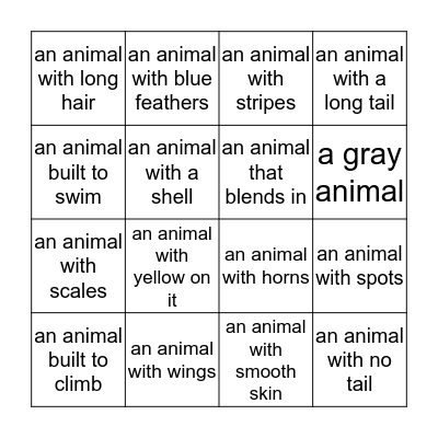 Animal Coverings Bingo Card