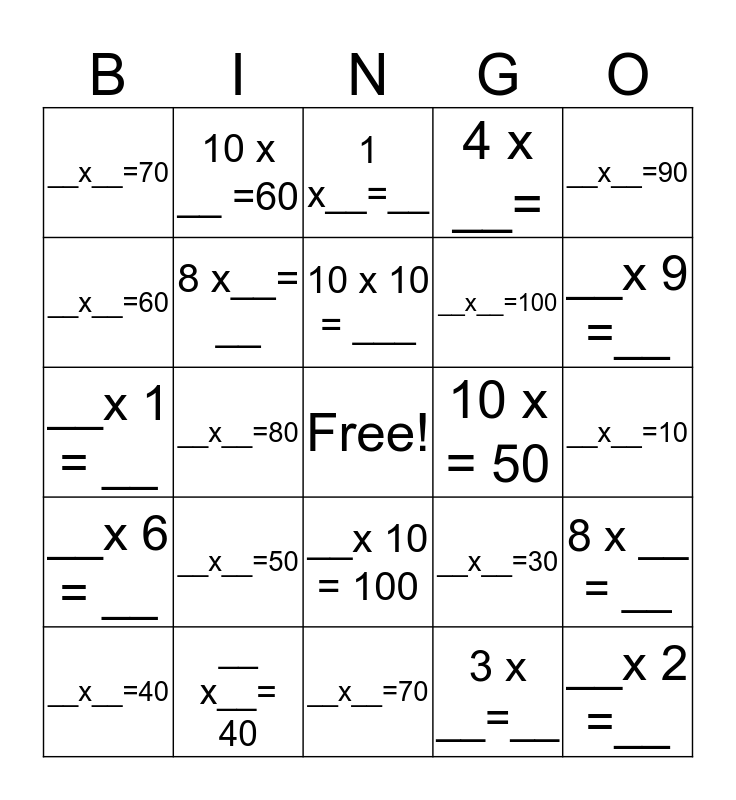 10s Bingo Card