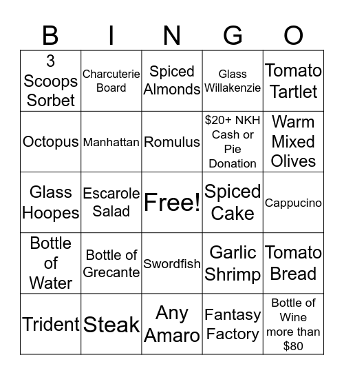 Saturday Night Bingo Card