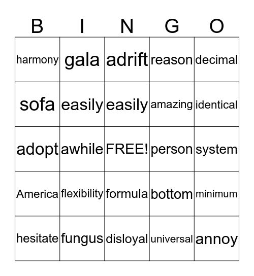 SCHWA Bingo Card