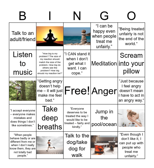 Healthy Anger Actions/thoughts Bingo Card