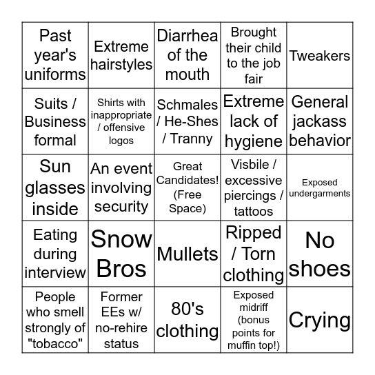 Job Fair Bingo Card