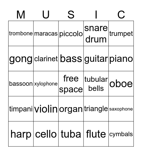 Instruments of the Orchestra Bingo Card