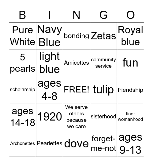 Zeta Phi Beta Sorority Youth Auxilaries Bingo Card