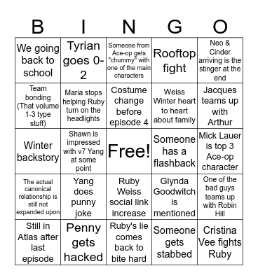 Rwby Volume 7 Bingo Card