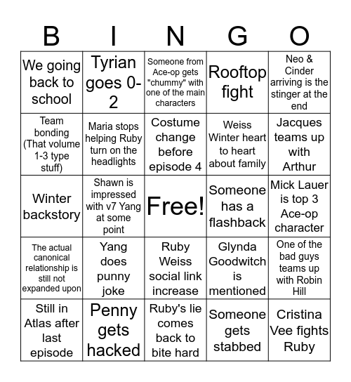 Rwby Volume 7 Bingo Card