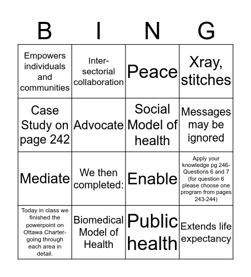 Models of Health Bingo Card