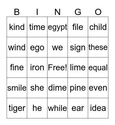 e/i sounds Bingo Card