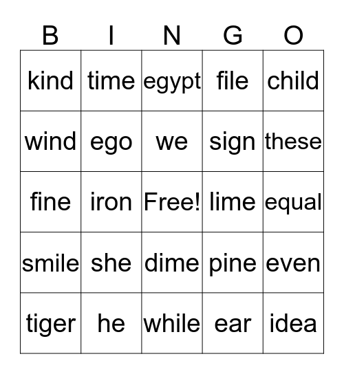 e/i sounds Bingo Card