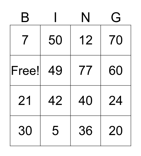 5,6, and 7 Time  Tables Bingo Card