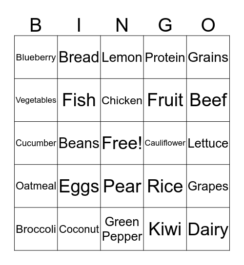 Nutrition Bingo Card