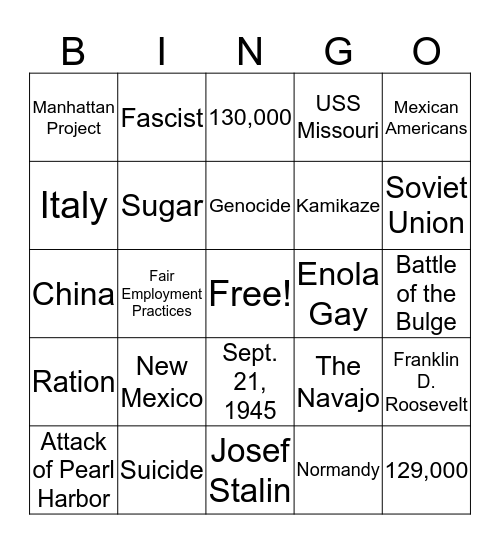 World War II Bingo Card