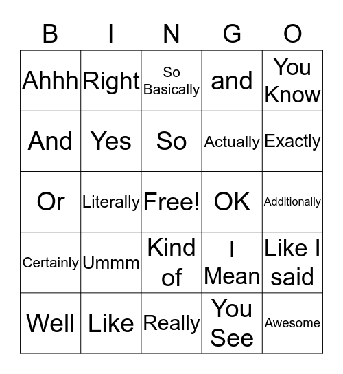 Filler Word Bingo Card