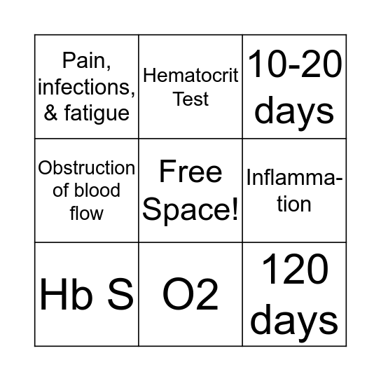 Sickle Cell/Thalassemia Bingo Card