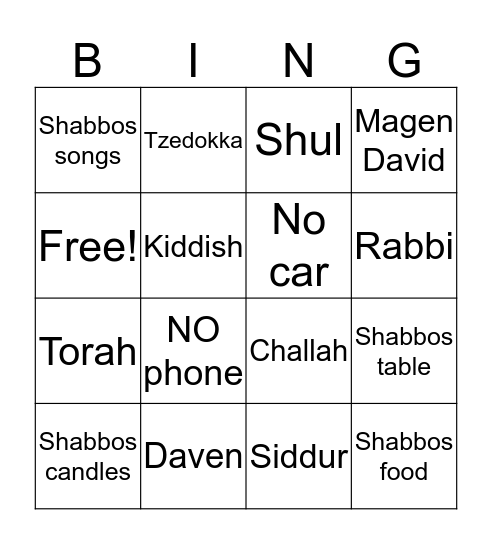 Shabbos  Bingo Card