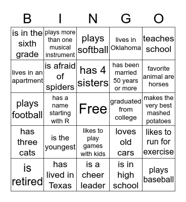 Find your relative who- Bingo Card
