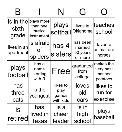 Find your relative who- Bingo Card