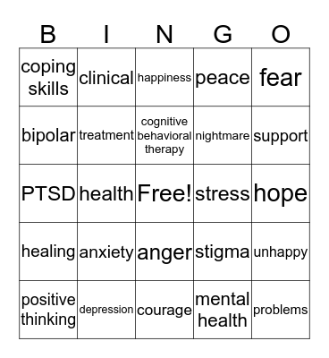 Mental Health  Bingo Card