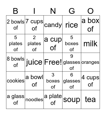 Food and Quantifiers Bingo Card