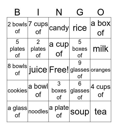 Food and Quantifiers Bingo Card