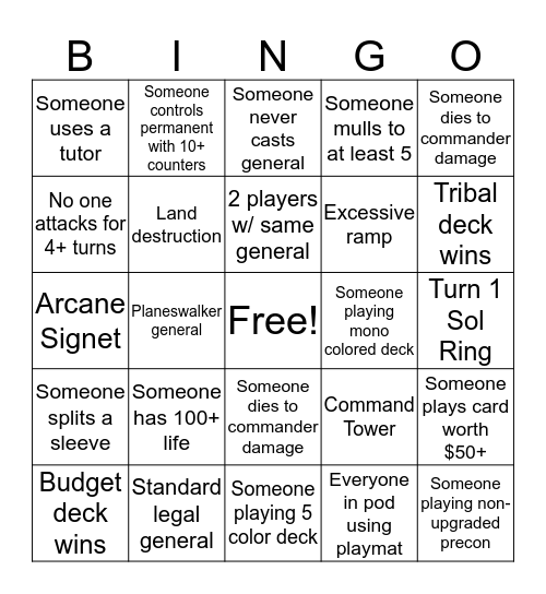 Commander Bingo Card