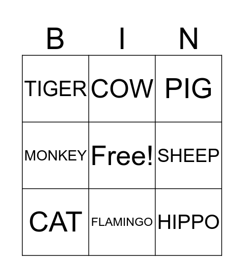 Animals Bingo Card